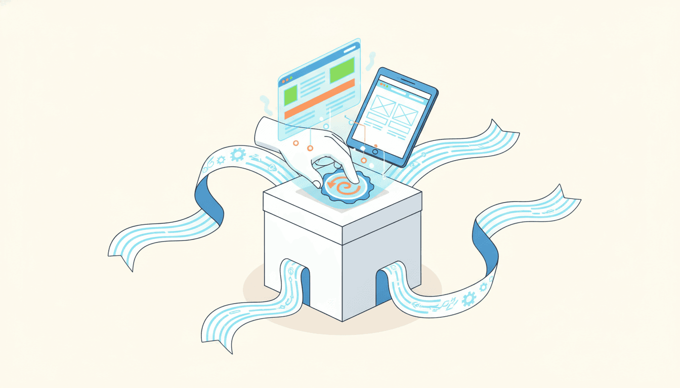 A package being sealed with the agency's own brand, with landing pages and dashboards inside