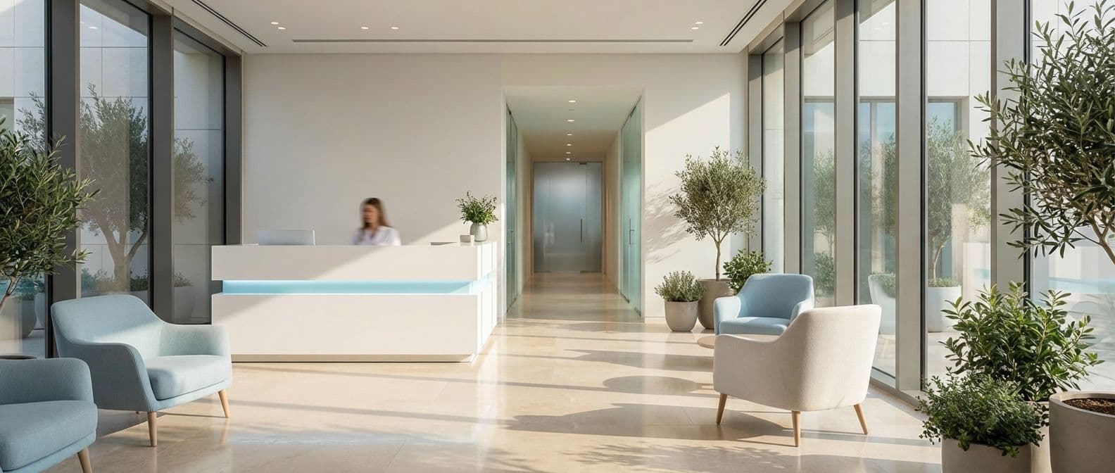 Modern professional clinic reception area with bright welcoming design