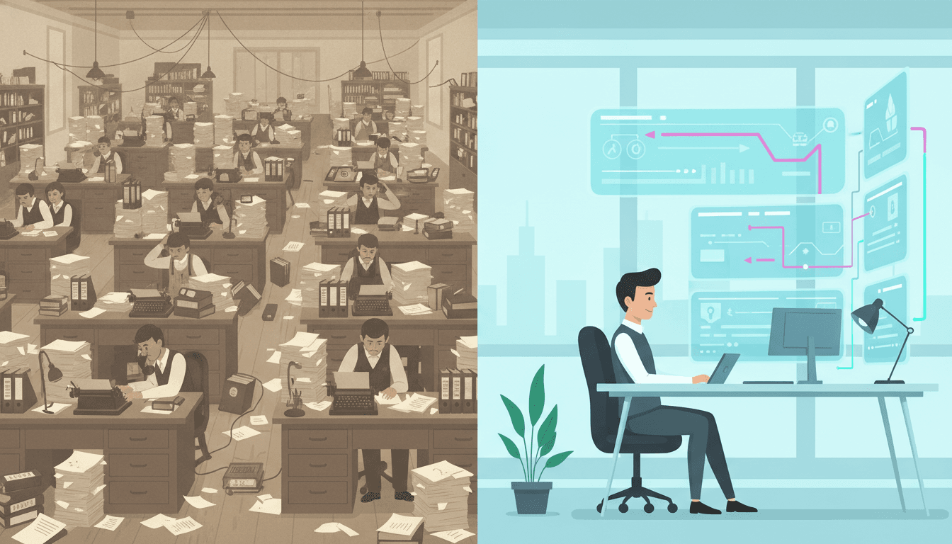 An old crowded office full of paperwork on one side, and a calm modern workspace with automated workflows on the other